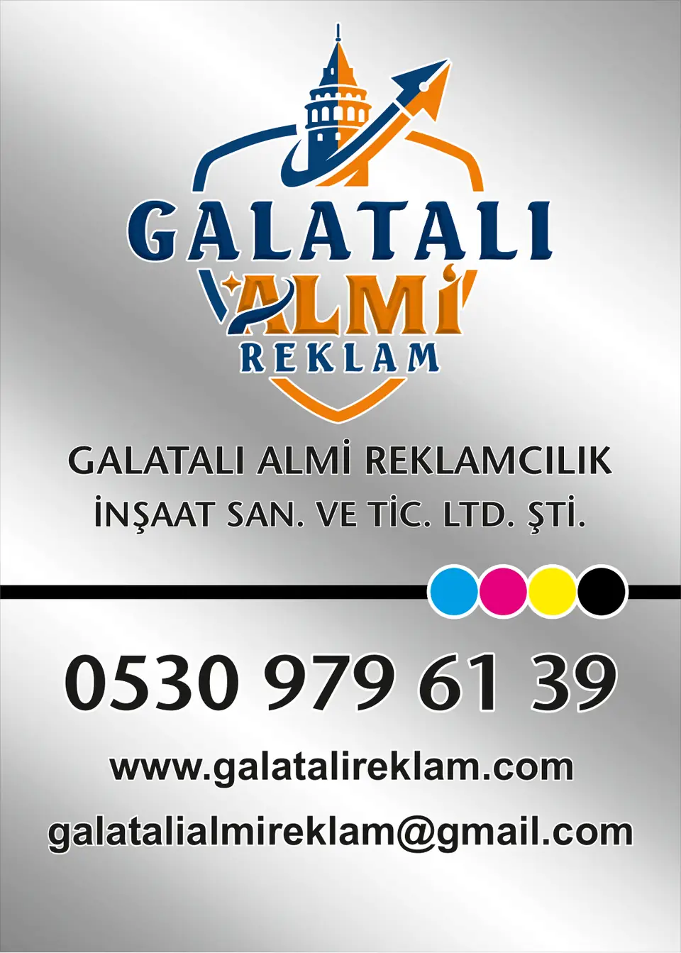 Galatalı Almi Reklam vitrin folyosu tasarımı: logo, ticari unvan, telefon, web adresi ve e-posta